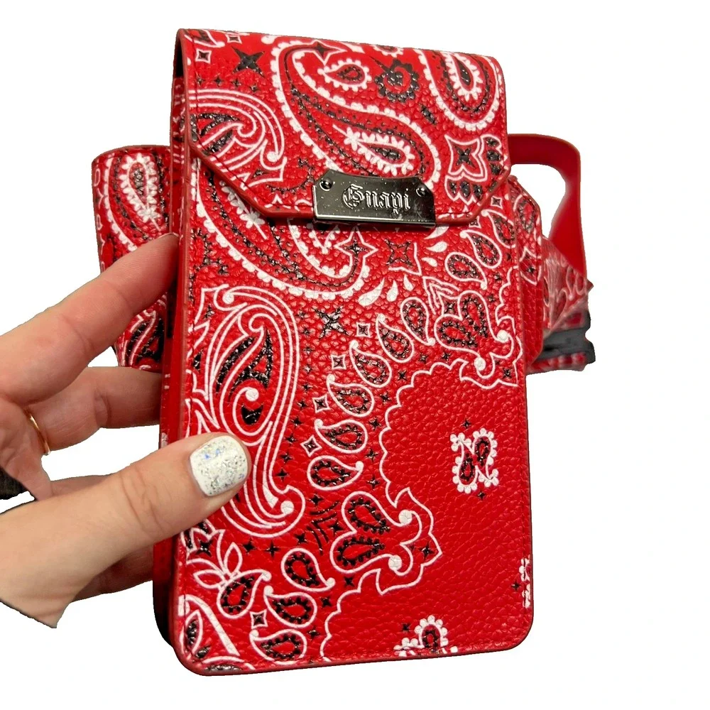Guapi Phone Crossbody Bag Womens Red Paisley‎ Print Small Purse Strap NWOT